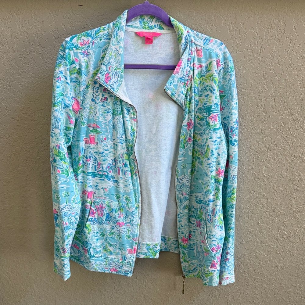 Lilly Pulitzer Pastel Aqua Floral Zip Front Jacket with Pink Accents